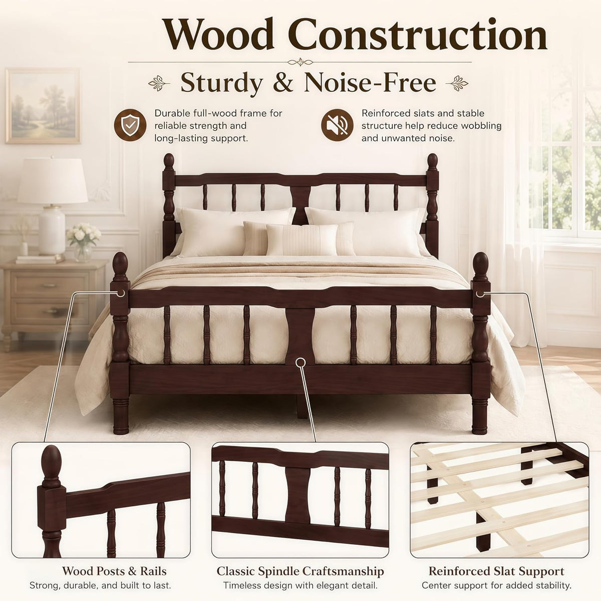 bellemave twin vintage wood spindle post bed,wooden platform, side view