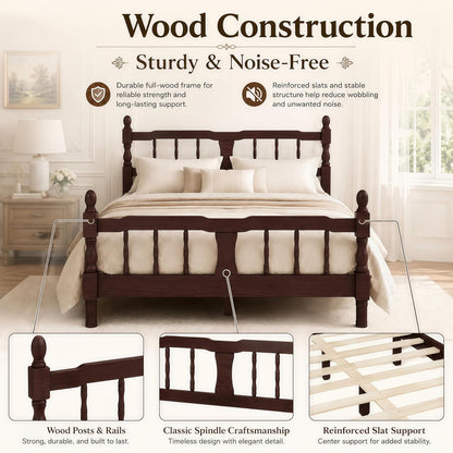 bellemave twin vintage wood spindle post bed,wooden platform, side view