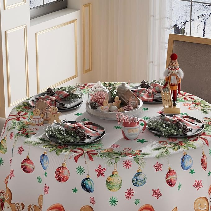 XCHI Gingerbread Man Snowman Tree Winter Tablecloth Round Christmas Table Cloth - Image 3