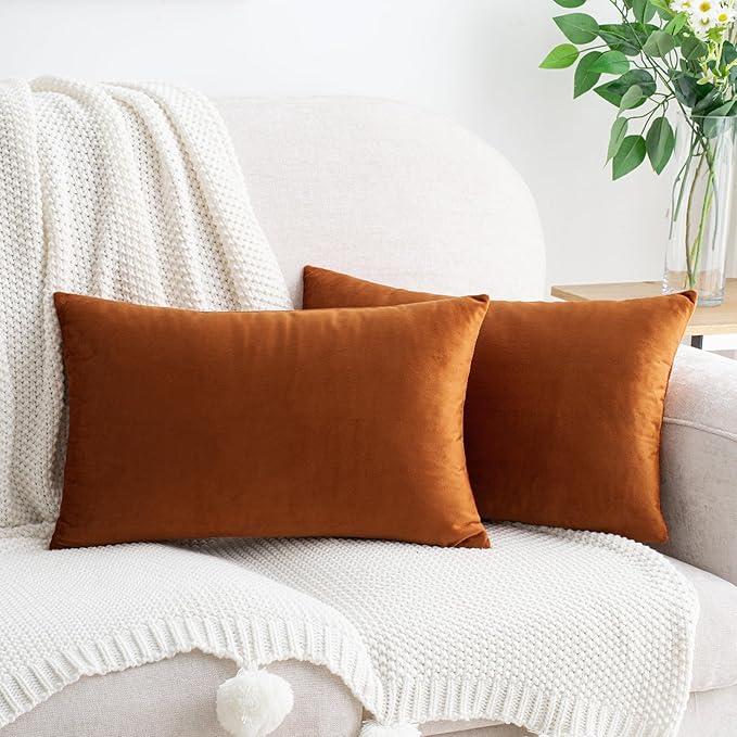 HWY 50 Burnt Orange Velvet Rectangular Throw Pillow Covers 12x20 Inch by HWY50