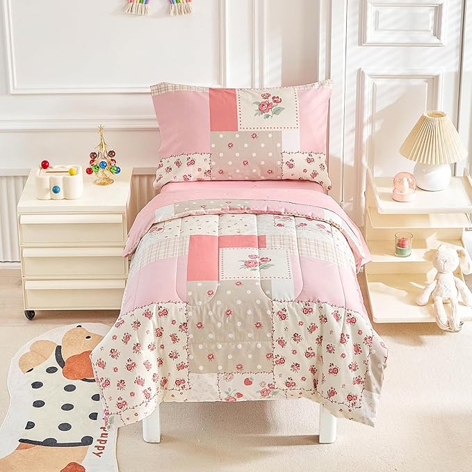 Joyreap 4 Piece Cotton Toddler Bedding Set- Pink Flower Plaids Patchwork Design - Image 3