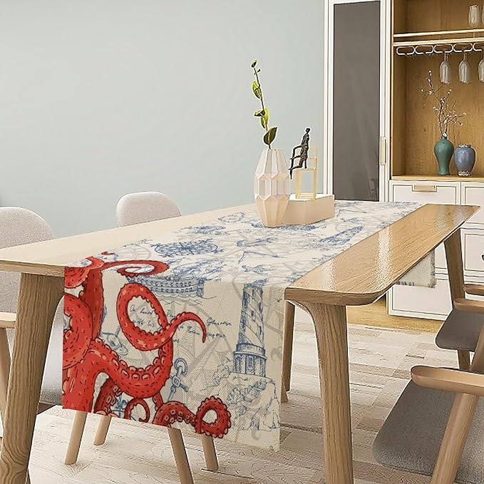 Nautical Red Octopus Table Runner Vintage Coastal Anchor Compass Ligthouse - Image 2