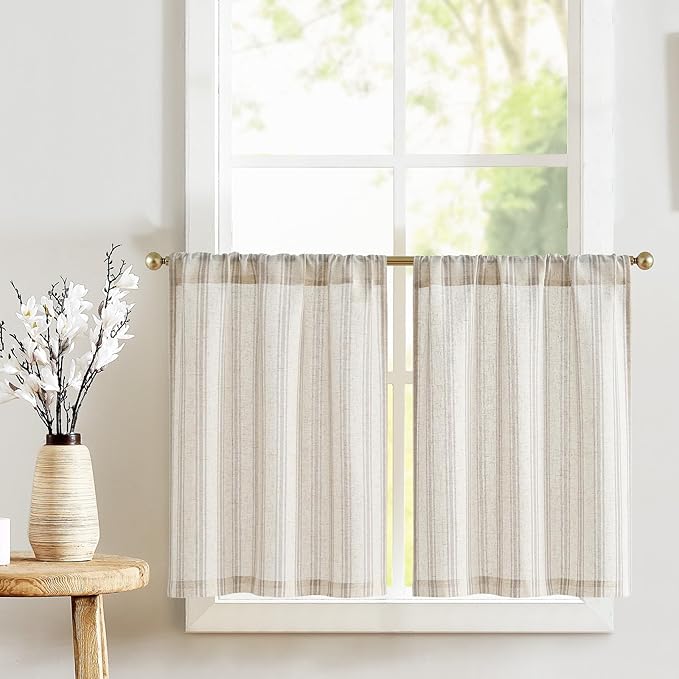 jinchan Striped Linen Kitchen Tier Curtain Rustic Cafe 30 Inch Small Window by JINCHAN