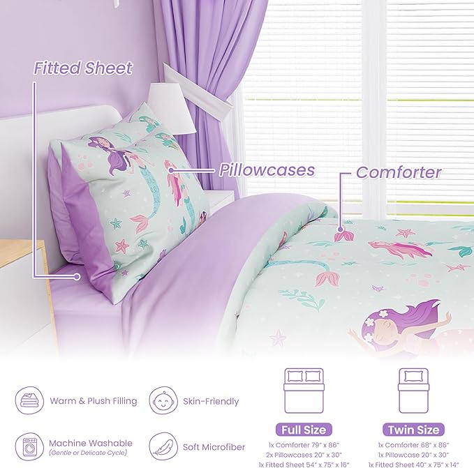 SANDJEST Mermaid Comforter Set Twin Size 68x86in - Image 3