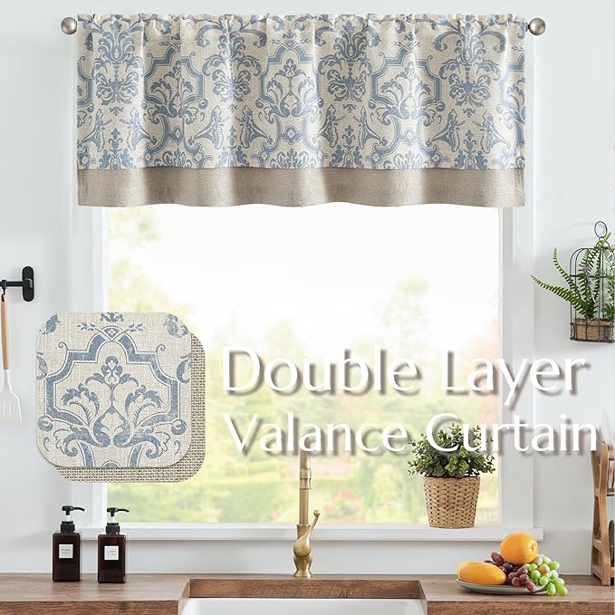 jinchan Linen Valance Curtain for Kitchen Vintage Damask Floral Blackout - Image 2