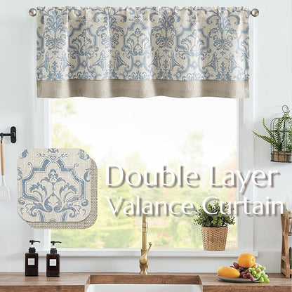 jinchan Linen Valance Curtain for Kitchen Vintage Damask Floral Blackout - Image 2