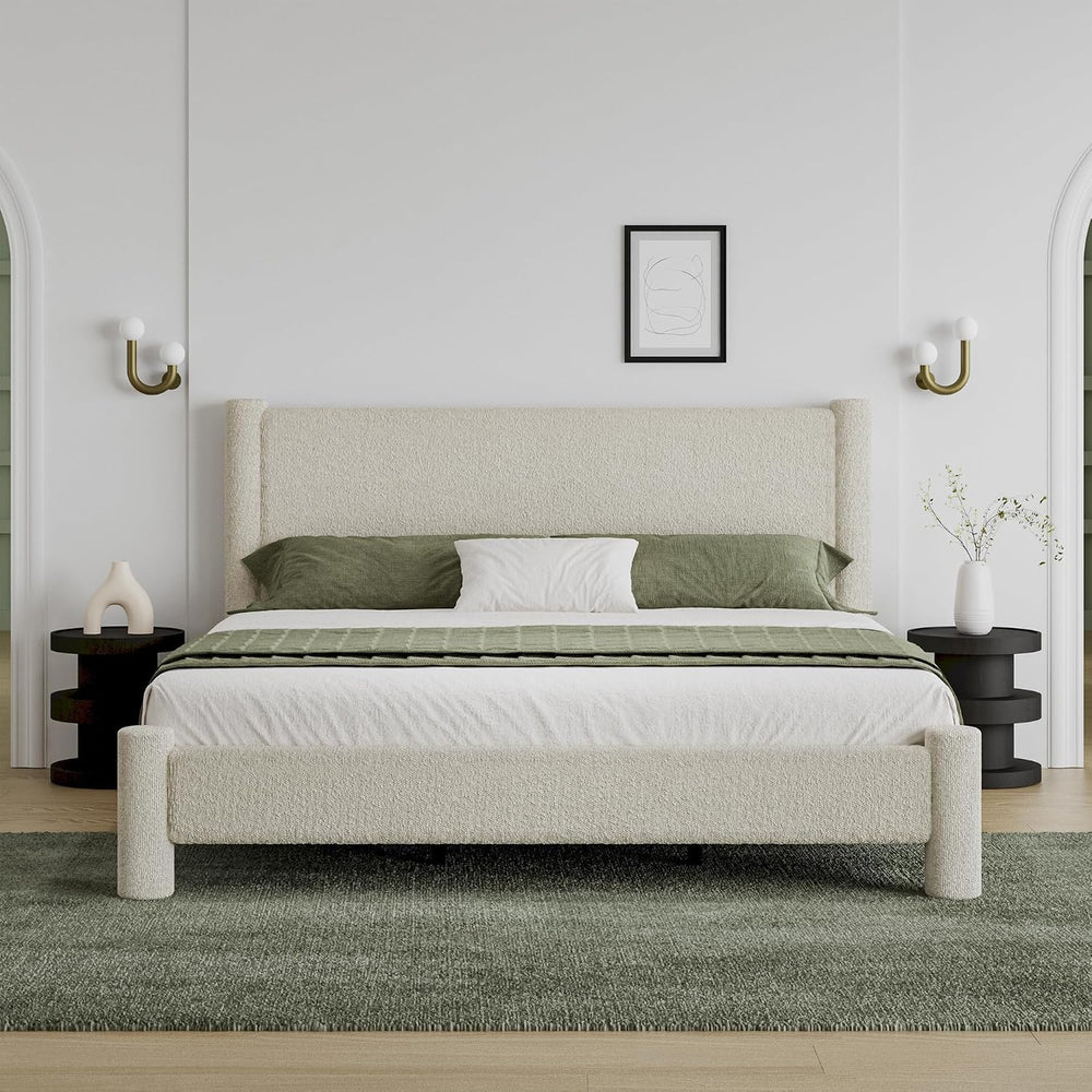 REVOMINCA King Size Cloud Bed Frame, Boucle Upholstered Platform Bed, Cream