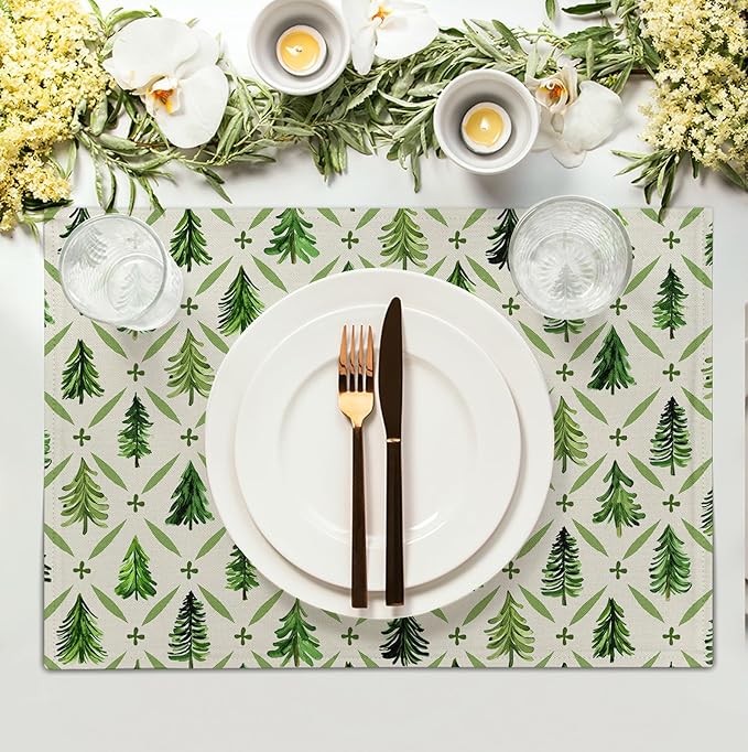 Sage Green Pine Tree Christmas Placemats Set of 4 Xmas Farmhouse Rustic Style - Image 3