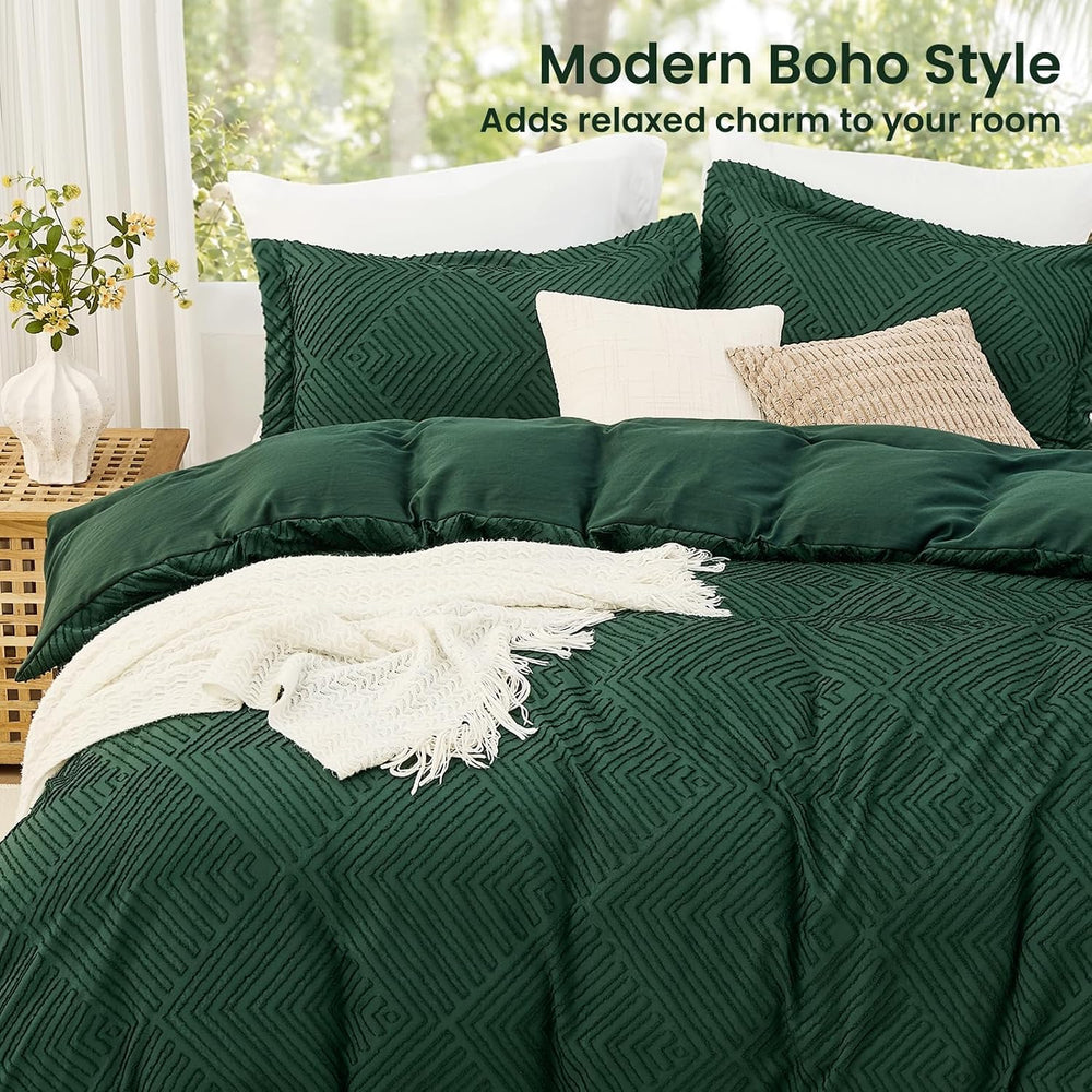 JOLLYVOGUE Emerald Green King Size Comforter Set, Boho Tufted Bedding Set 3-P...
