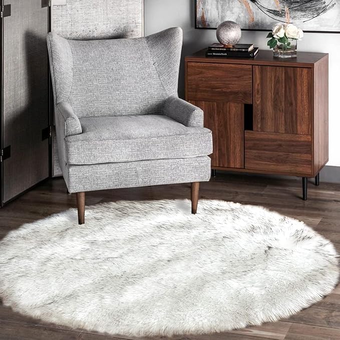 Latepis White with Grey Tips Round Rugs 5ft Washable Faux Sheepskin Fur Rug - Image 7