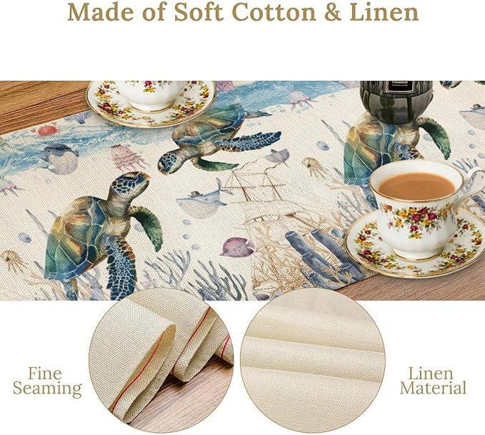 Watercolor Sea Turtle Table Runner Teal Blue Ocean Funmy Animal Octopus - Image 8