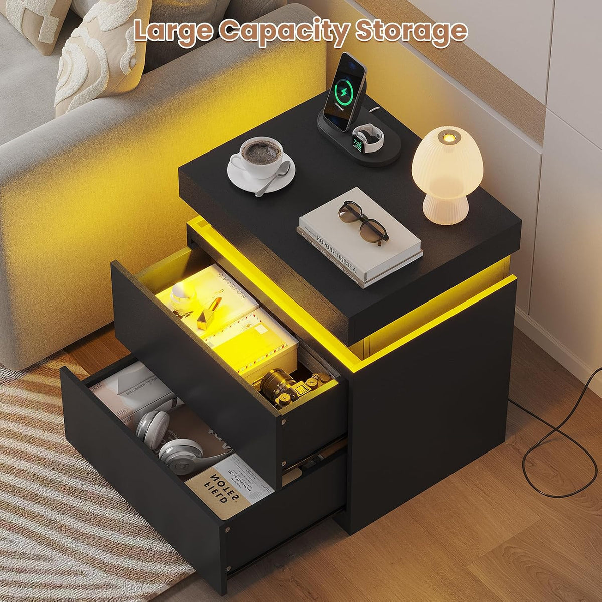adorneve modern black nightstand set of 2,small bedside, front angle view