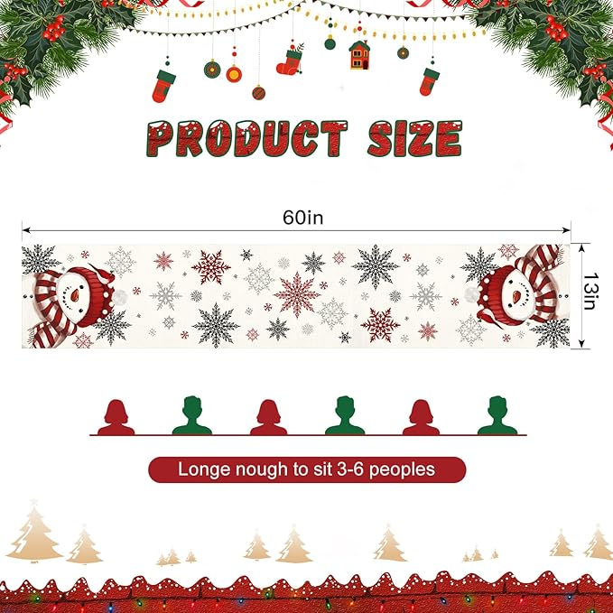 OTOSTAR Snowflakes and Red Snowman Christmas Table Runner, Xmas Seasonal Winter - Image 5