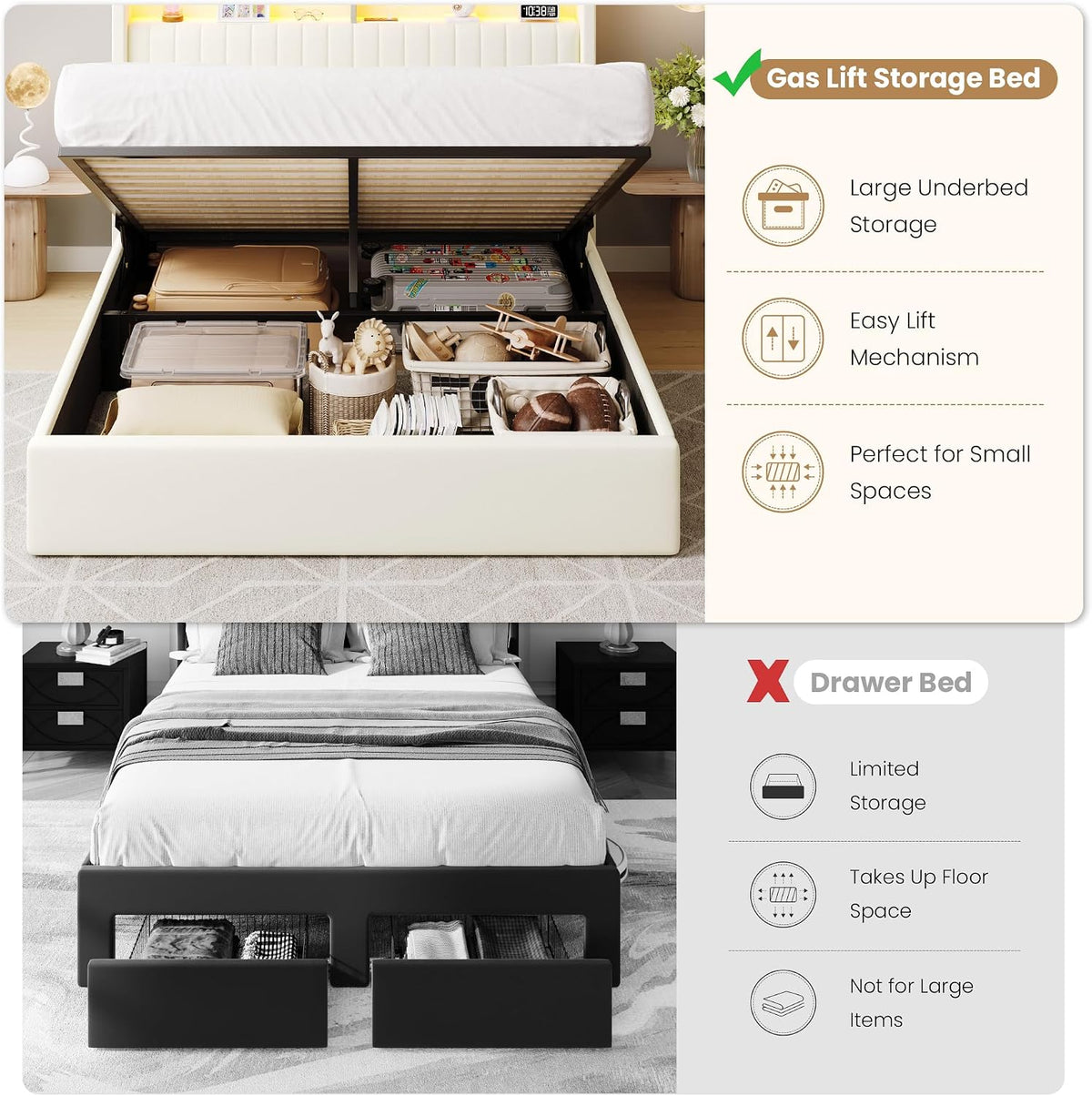 sha cerlin full size led lift up storage, side view