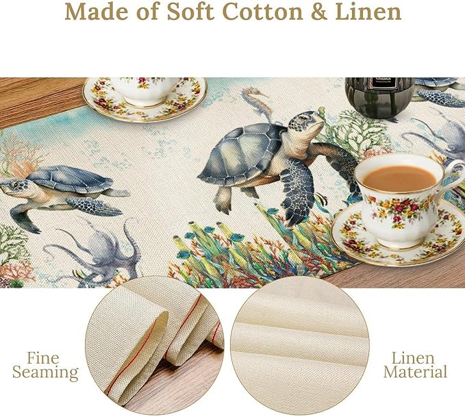 Ocean Animals Sea Turtle Table Runner Underwater Life Octopus Starfish Seaweed - Image 8