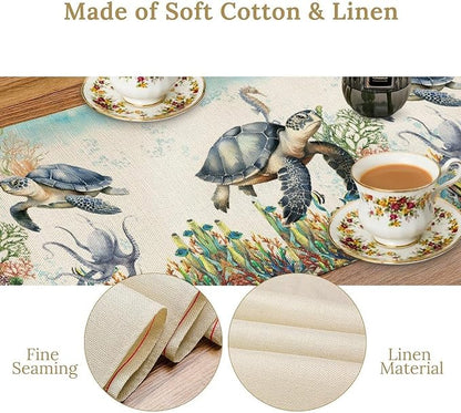 Ocean Animals Sea Turtle Table Runner Underwater Life Octopus Starfish Seaweed - Image 8