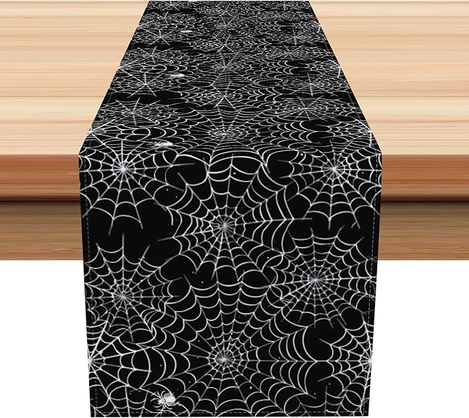 Happy Halloween Table Runner Black Spider Web Seasonal Holidays Indoor Outdoor by Kzzfqxb