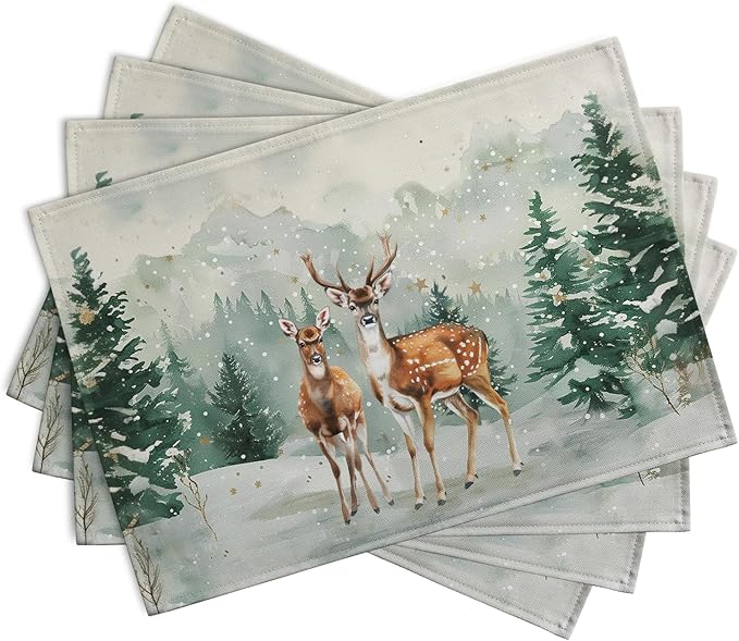 Christmas Watercolor Deer Trees Snowflakes Placemats Set of 4 Winter Rustic - Image 2