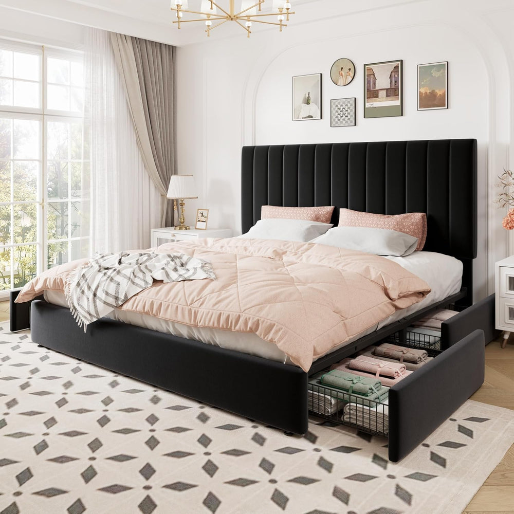 Allewie King Size Storage Bed Frame, Vertical Channel Tufted Adjustable Headb...