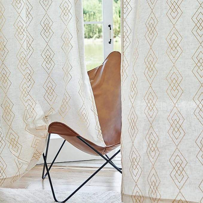 Linen Boho Curtains for Bedroom, 96 Inches Long Curtains Gold Foil Metallic - Image 8