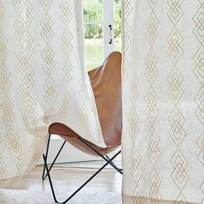 Linen Boho Curtains for Bedroom, 96 Inches Long Curtains Gold Foil Metallic - Image 8