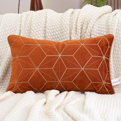 Aeckself 12 x 20 Inch Orange Gold Plaid Geometric Stripes Embroidery Velvet by AECKSELF