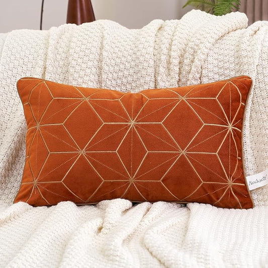 Aeckself 12 x 20 Inch Orange Gold Plaid Geometric Stripes Embroidery Velvet by AECKSELF