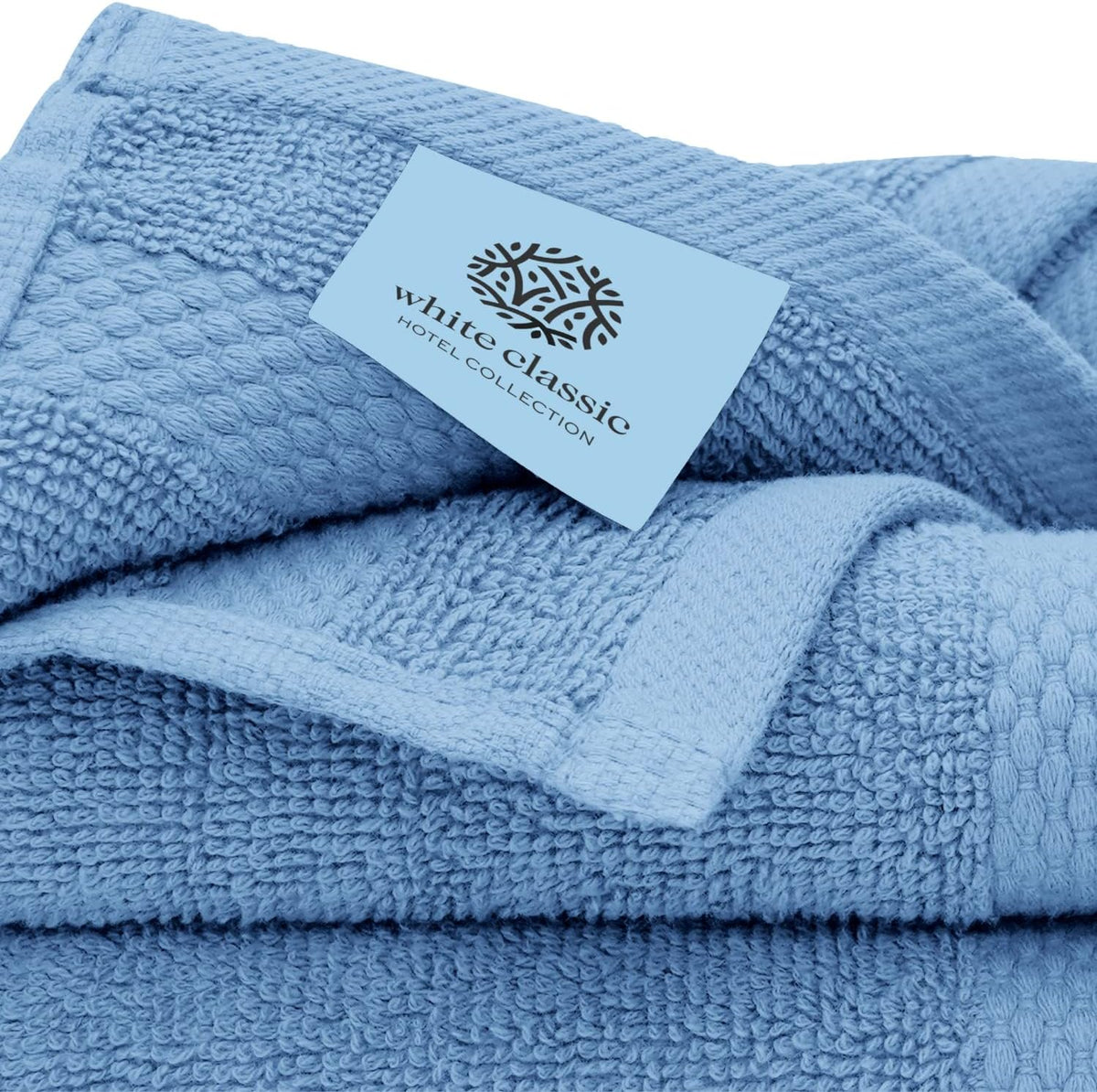 white classic luxury light blue bath towel set showing dimensions