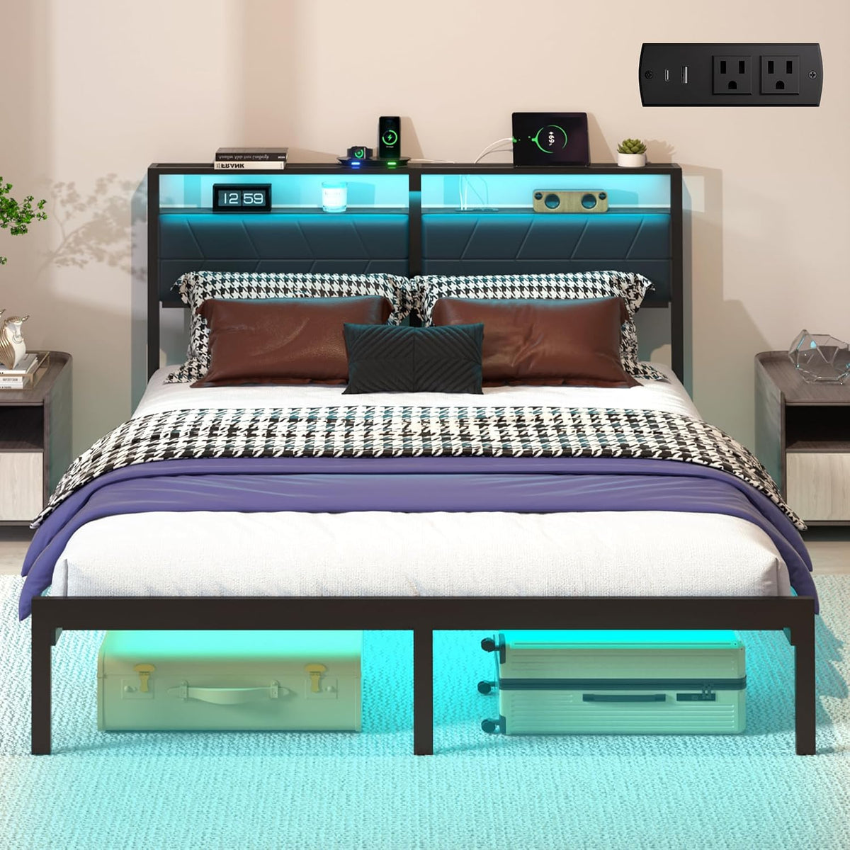 j.fkne queen bed frame with led lights &, main product view