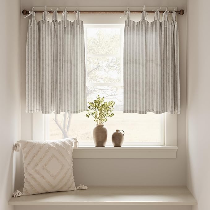 jinchan Tie Top Linen Kitchen Curtains 24 Inches Striped Tier Curtains - Image 3