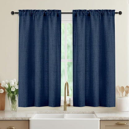 Navy Blue Kitchen Curtains 45 Inch Length 2 Panels, Light Filtering Faux Linen by WelvetBLK