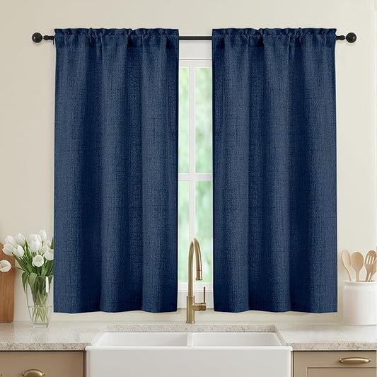 Navy Blue Kitchen Curtains 45 Inch Length 2 Panels, Light Filtering Faux Linen by WelvetBLK