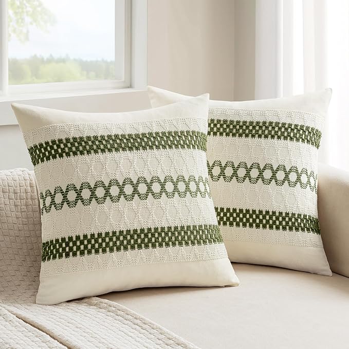 MIULEE Set of 2 Moss Green Boho Decorative Pillow Covers 18x18 Inch Farmhouse by MIULEE