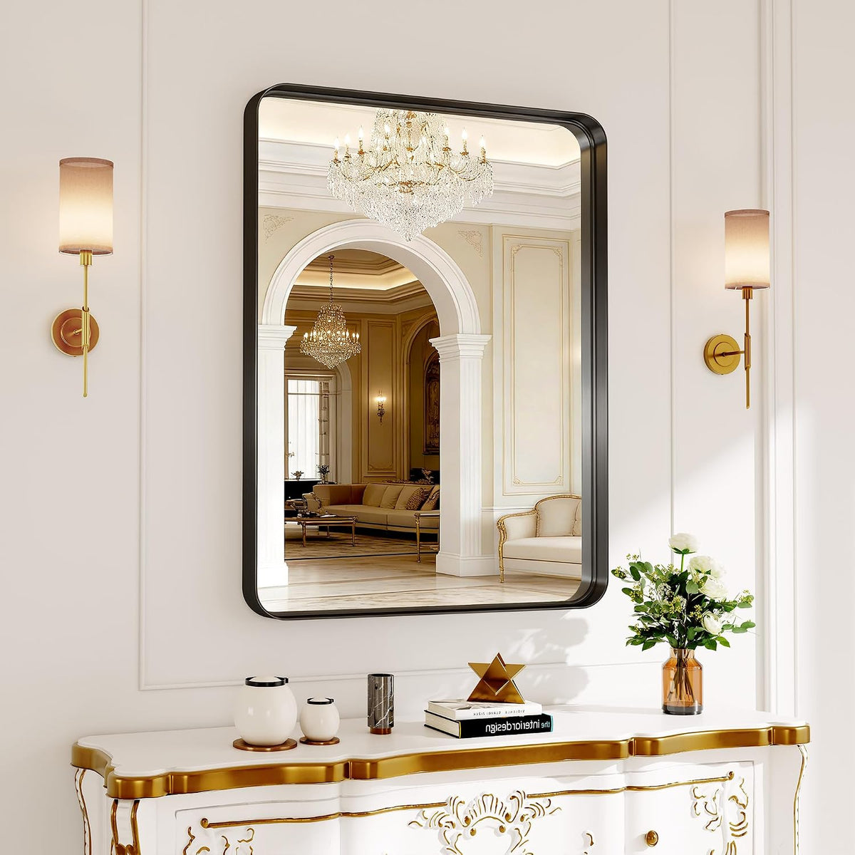 30x36 inch black metal framed bathroom mirror for, front angle view