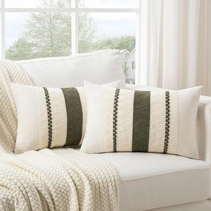 Fancy Homi Set of 2 Boho Olive Green Long Lumbar Decorative Throw Pillow Cover by Fancy+Homi
