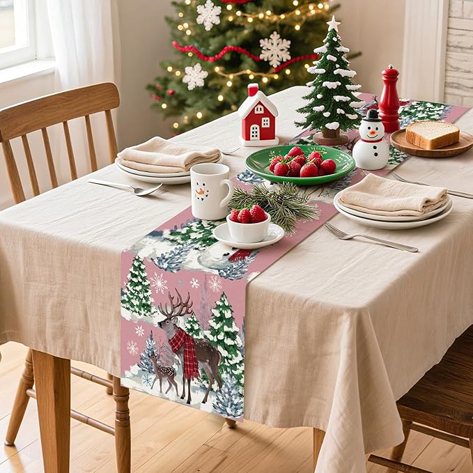 Artscope Reindeer Snowman Christmas Tree Table Runner, Xmas Winter Snowflakes - Image 3