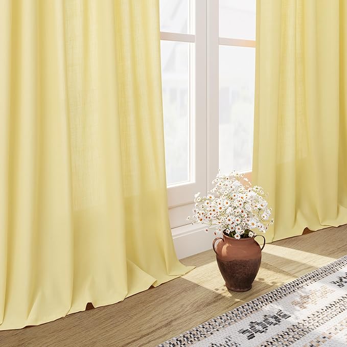 Yellow Semi Sheer Curtains 108 Inches Long 2 Panels Set Back Tab Loop Pocket - Image 6