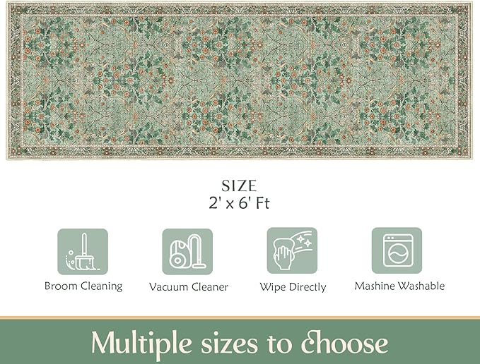 MUJOO Washable Runner Rug Green, Floral 2x6 Runners - Image 7