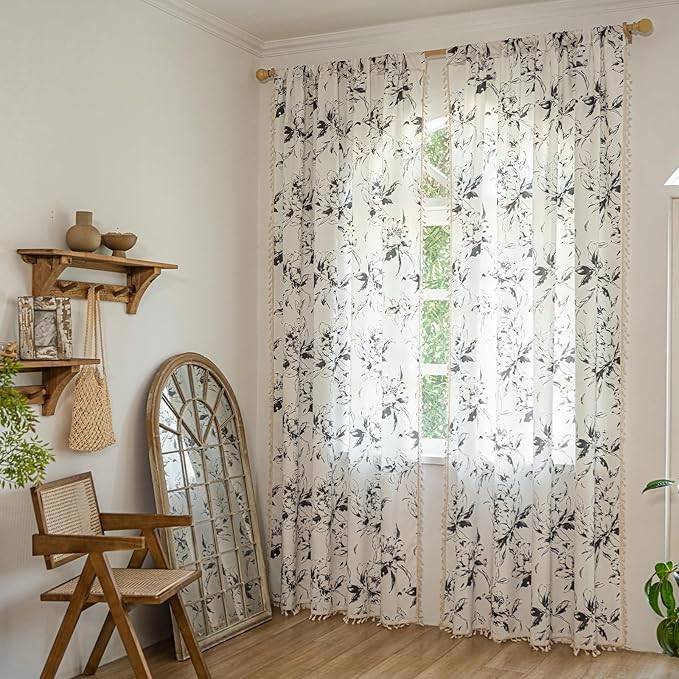 ENJOYBRIDAL Floral Curtains 84 Inches Semi Sheer Living Room Drapes Boho - Image 2