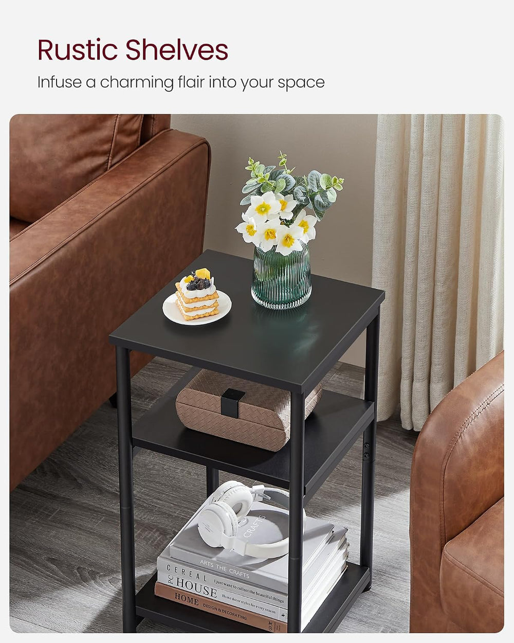 VASAGLE Side Table, Small End Table, Tall Nightstand, Steel Frame