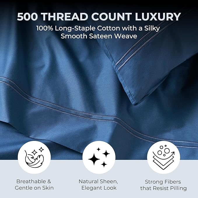 100% Natural Cotton Bed Sheets | 500 TC Single-Ply Sateen Weave Twin Sheets Set - Image 2