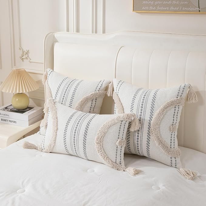 Boho Throw Pillow Covers 18x18 Set of 2 Cotton Woven Tufted Farmhouse Pillows - Image 4
