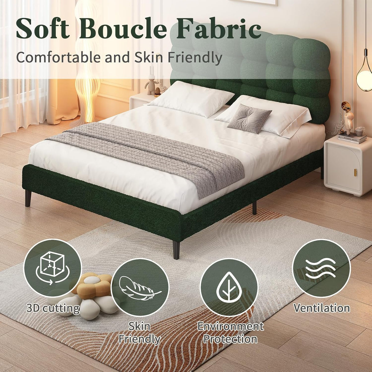 barnfurin twin bed frame, soft teddy cloud boucle, side view