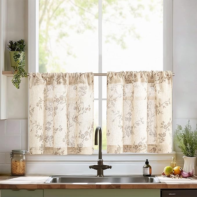 jinchan Floral Kitchen Curtains 24 Inch Linen Tier Curtains Farmhouse Cafe Half by JINCHAN