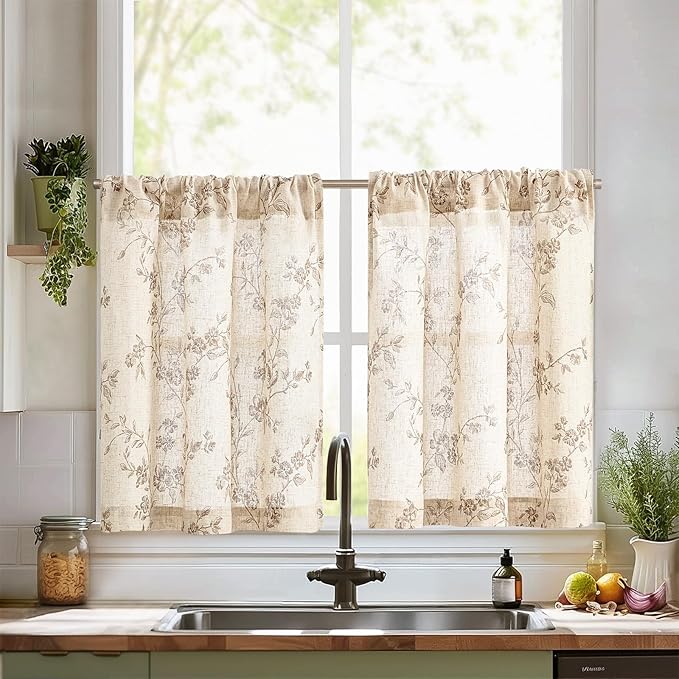 jinchan Floral Kitchen Curtains 30 Inch Linen Tier Curtains Farmhouse Cafe Half by JINCHAN
