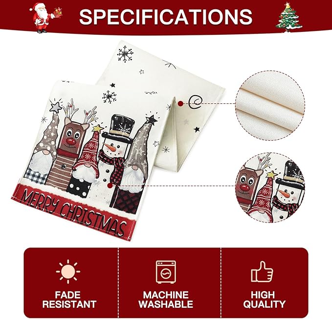 OTOSTAR Gnomes Snowman Elk Merry Christmas Table Runner, Xmas Seasonal Winter - Image 6