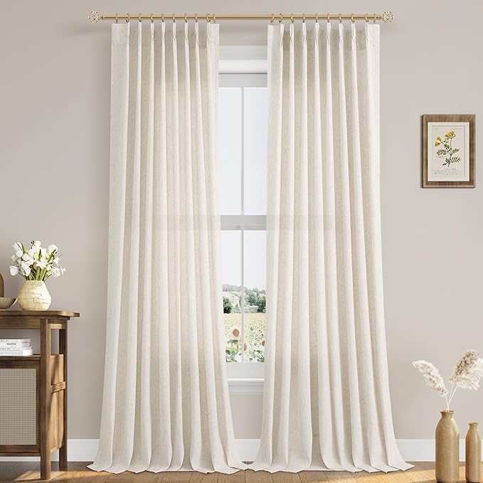 Natural Pinch Pleat Linen Curtains 102 Inch Length 2 Panels Set by Aersas