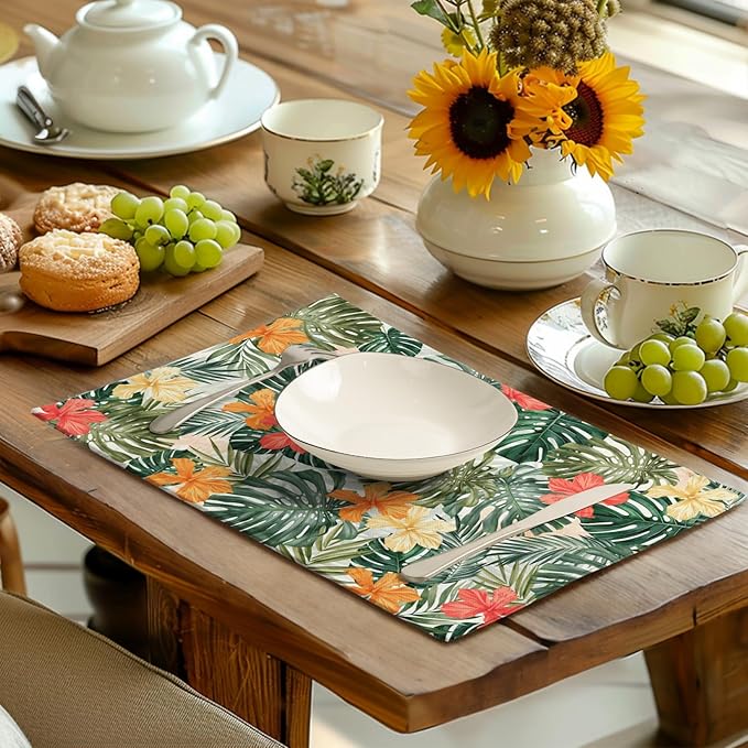 Tropical Palm Leaves Table Mats Set of 4 Summer Watercolor Hibiscus Flower Leaf - Image 6