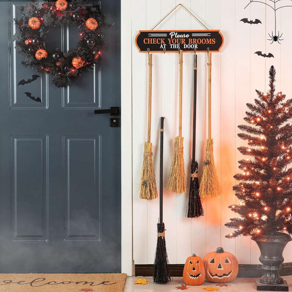 Glitzhome 42”H Halloween Porch Decoration Broom Parking Sign with 5 Wooden Wi...