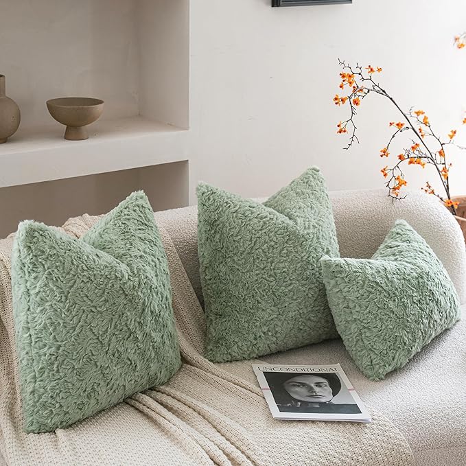 Neelvin Set of 2 Faux Fur Throw Pillow Covers 18x18 Inch Sage Green Cozy Soft - Image 4